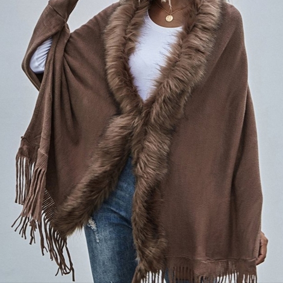 Chocolate Mousse Faux Fur Trimmed Shawl Collar Cardigan Wrap Sz Small 5 🌟 rated - Picture 3 of 5